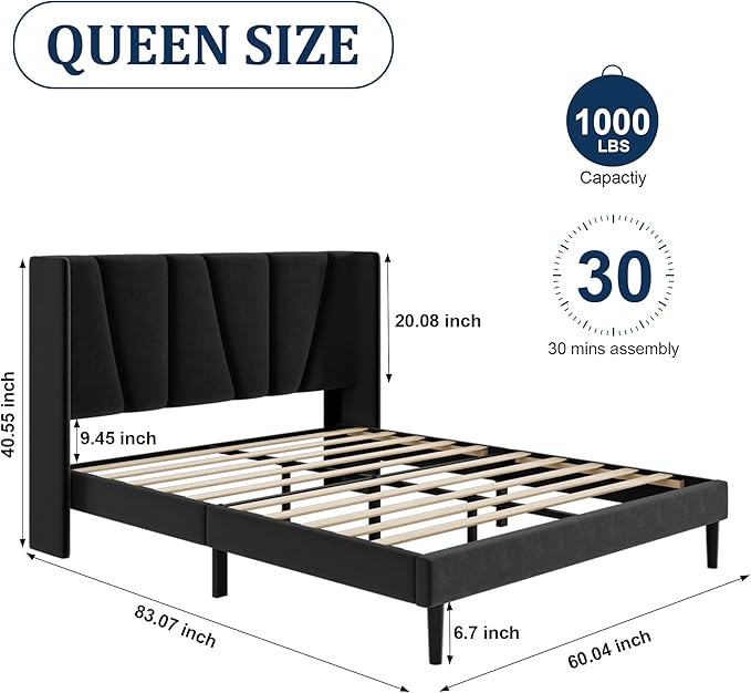 Queen Bed Frame with Headboard and Wingback, Velvet Upholstered Platform Bed, Mattress Foundation with Wooden Slat Support, No Box Spring Needed, Easy Assembly, Noise Free, Black