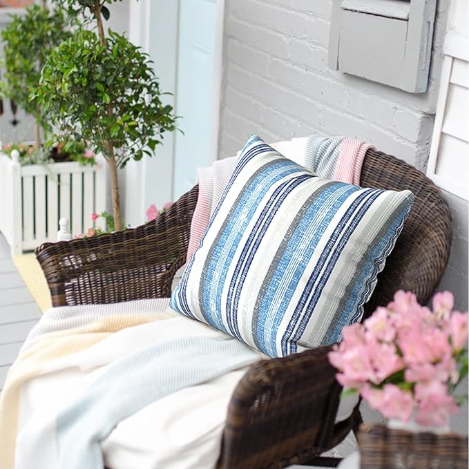 Outdoor Throw Pillow Covers 16x16 Inch, Square Patio Pillow Cases Pack of 2, Modern Decorative Back Cushion Covers for Patio Furniture Garden Couch Farmhouse, Stripe Layered Blue