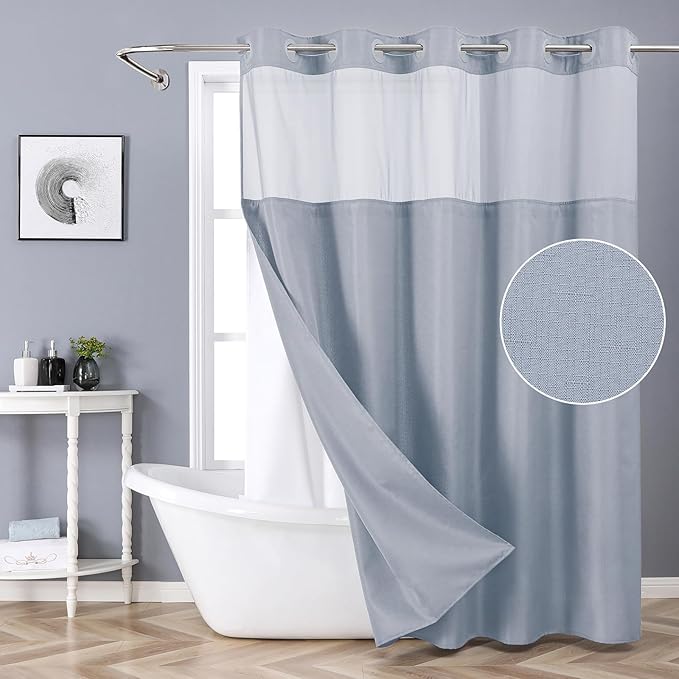 Blue Long No Hook Shower Curtain with Snap-in Fabric Liner Set,Slub Textured Fabric Shower Curtains for Bathroom,Hotel Style Modern Shower Curtain,Water Repellent & Washable,71x80(78)