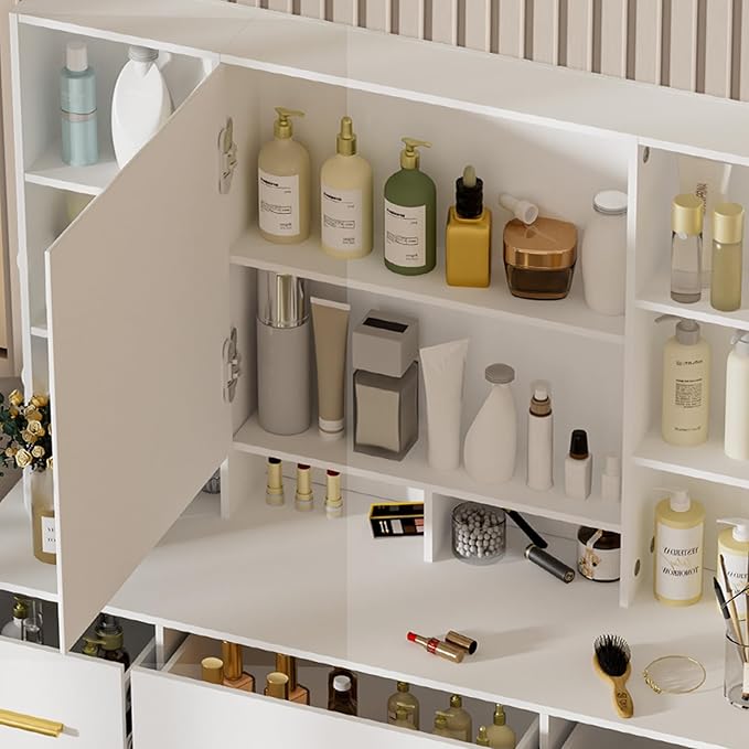 Vanity Desk with Mirror and 3 Color LED Light, Large Tabletop 7 Drawers, 8 Open Storage Shelves, 2 Hiding Shelves Makeup Table, Vanity Dressing Table for Girls and Women,100 * 40 * 140cm