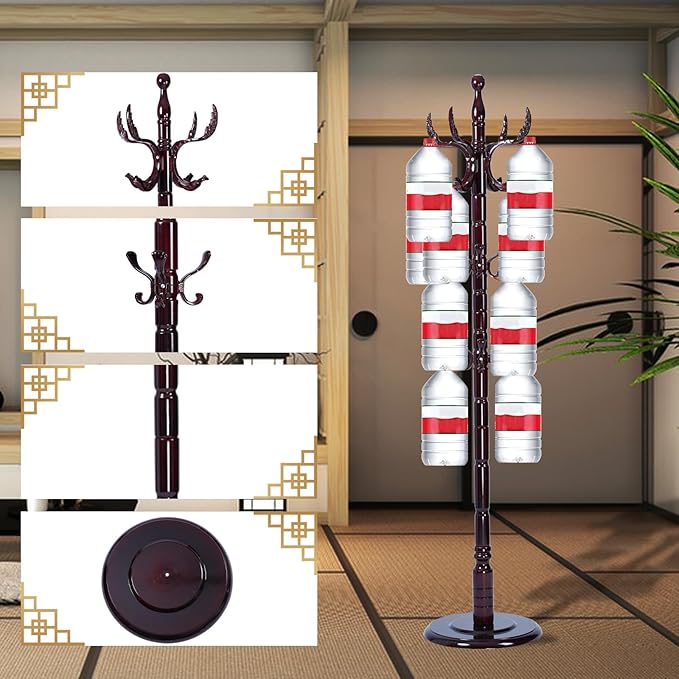 Coat Rack Freestanding, Wooden Tree Coat Rack Stand with 3 Adjustable Sizes Coat Tree and 14 Hooks, Sturdy Hall Tree with Solid Round Base for Entryway, Hallway,Bedroom (Solid Wood Fenghuang Gou)