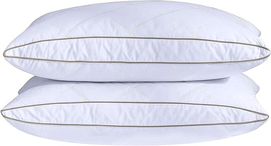 puredown® Natural Goose Down Feather Pillows for Sleeping Oval Gusseted Feather Down Pillow 100% Cotton Pillow Cover with Leaf Quilting King Set of 2