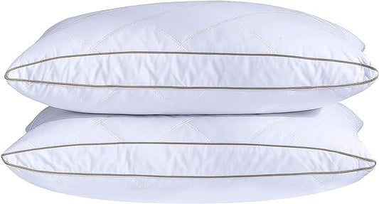 puredown® Natural Goose Down Feather Pillows for Sleeping Oval Gusseted Down Feather Pillow 100% Cotton Pillow Cover with Leaf Quilting Queen Set of 2