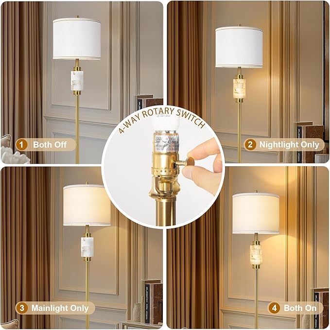 Natural Alabaster Floor Lamp, Floor Lamps for Living Room, Standing Lamp with Night Light, Linen Shade, Marble Base, Gold Floor Lamp, Tall Lamp for Bedroom, Living Room,Office(Bulb Included)