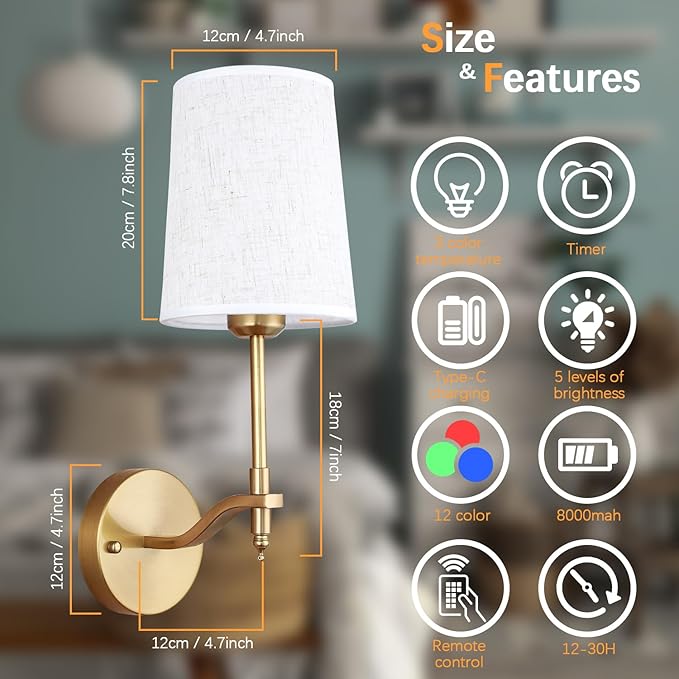 Battery Operated Wall Sconces Set of 2, Gold Rechargeable Wall Lights with 15 RGB Dimmable Detachable Bulbs and Remote, Wireless Battery Powered LED Wall Lamp for Living Room Bedroom