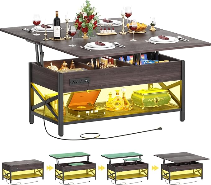 Aheaplus Coffee Table Lift Top Multi-Function Coffee Table Converts to Dining Table, with LED Light and Power Outlet, Center Table with Shelves for Living Room Reception Home Office,-S2, Espresso