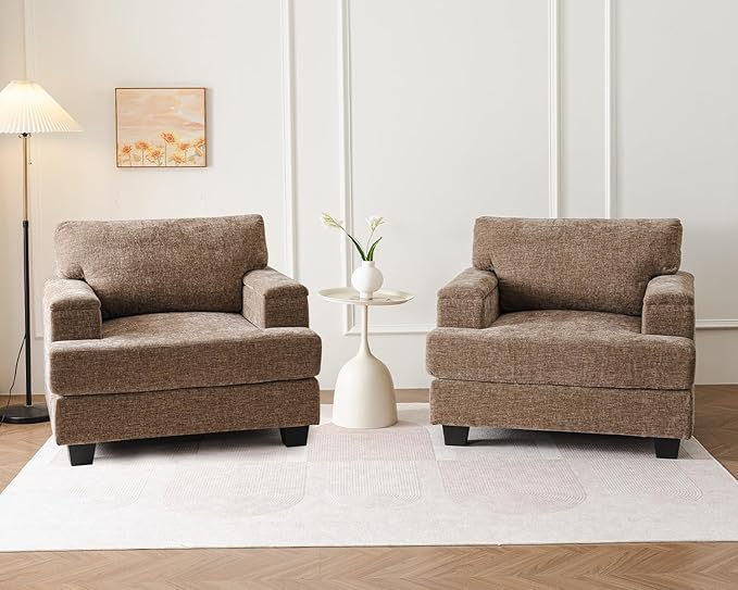 Oversized Accent Chairs Set of 2,Large Armchair with Armrest Organizer,Deep Seat,Big Reading Chair,Comfy Living Room Chairs,Sofa Chair for Bedroom,Chenille,Brown