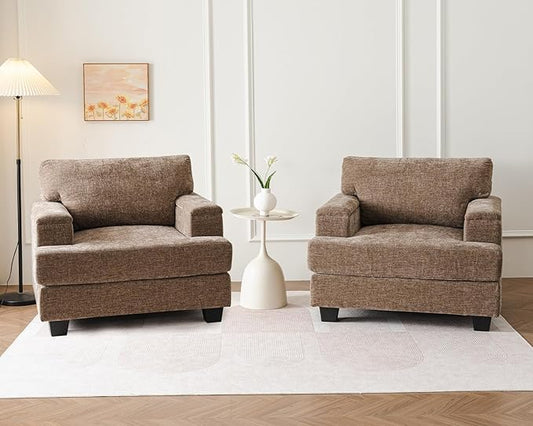 Oversized Accent Chairs Set of 2,Large Armchair with Armrest Organizer,Deep Seat,Big Reading Chair,Comfy Living Room Chairs,Sofa Chair for Bedroom,Chenille,Brown