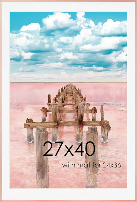 27x40 Metal Picture Frame For Wall With Mat For 24x36, 27''x40'' Aluminum Photo Frames With Tempered Glass For Home Decor, Minimalist Modern Poster Frame Horizontal And Vertical Formats, Rose Gold
