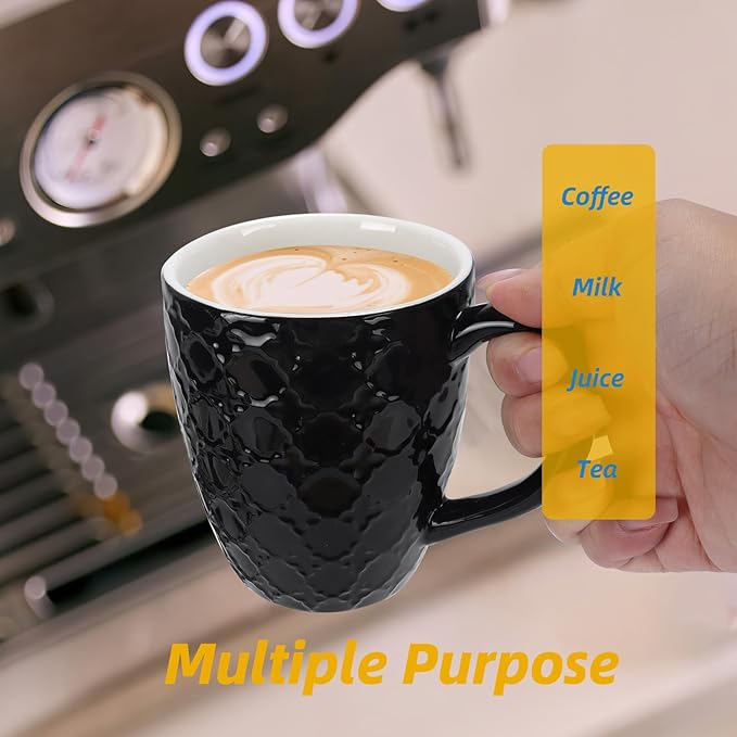 Schliersee 12 OZ Black Ceramic Coffee Mugs Set 6, Stylish Embossed 6 Patterns Coffee Cups Set for Coffee, Tea, Milk, Cocoa, Cereal, Water, Microwave Safe