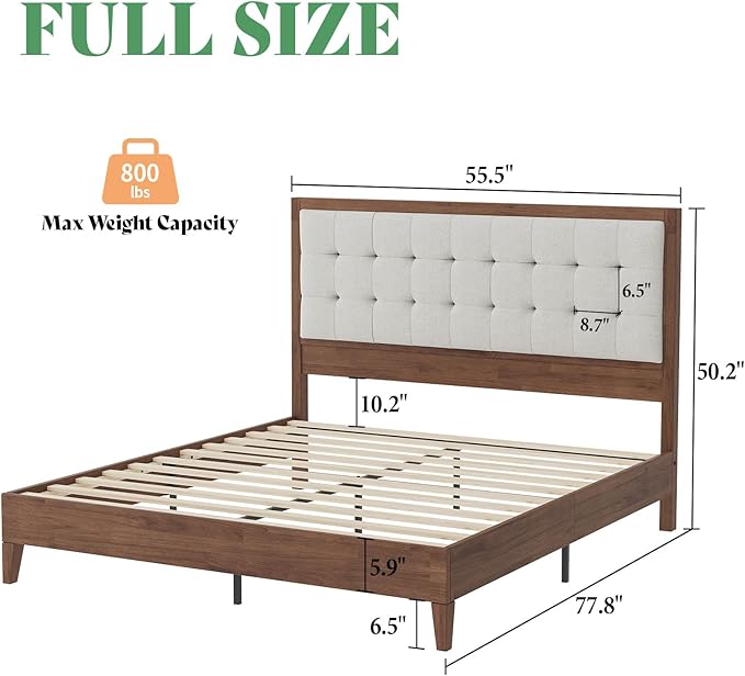 AMERLIFE Full Size Solid Wood Bed Frame with Tufted Headboard, Mid-Century Style, No Box Spring Required, Easy Assembly, Walnut