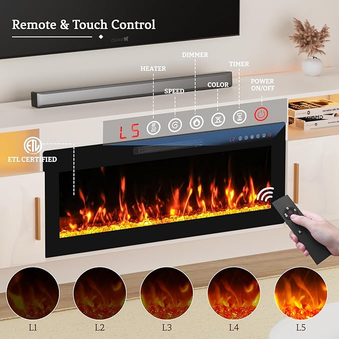 70'' TV Stand with Fireplace-White Entertainment Center for 75+ inch TV- TV Cabinet with LED Light, Storage, High Glossy Door, Modern TV Console for Living Room