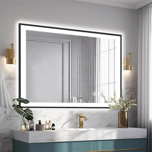 40x30 LED Lights Bathroom Mirror -Black Aluminum Rimmed(Front lit and Backlit),Anti-Fog Vanity Mirror with Lights,Stepless Dimmable Lighted Mirror,3 Colors Smart Mirror(Horizontal/Vertical)