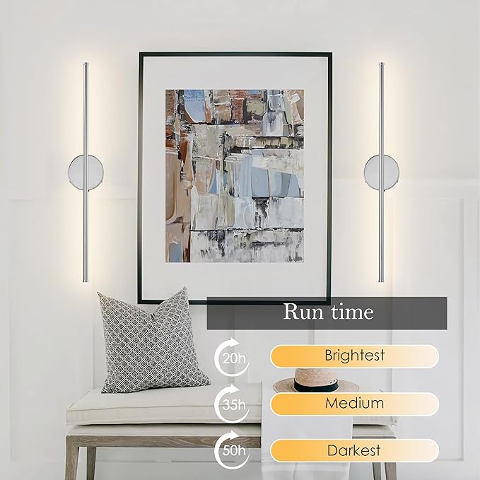 Battery Operated Wall Sconces with Remote Control, Dimmable Wall Sconces Set of Two, 350°Rotate, 3000K LED Chrome Wireless Wall Light for Living Room, Bedroom,Hallway, 24.4 Inch (2 Pack)