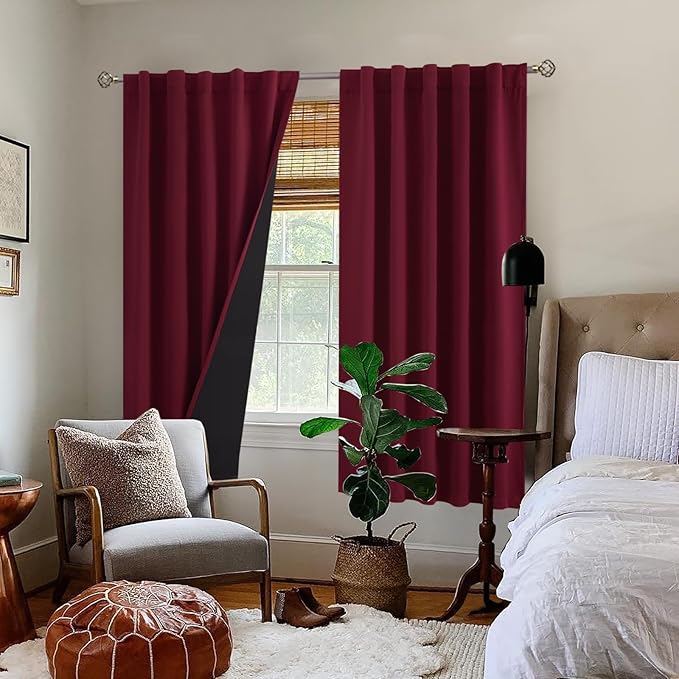 BGment Full Blackout Curtains with Insulated Lining Curtains 72 Inches Long，Rod Pocket and Back Tab Double Layer Room Darkening Window Curtain for Bedroom(42 x 72 Inch, 2 Panels, Burgundy Red)