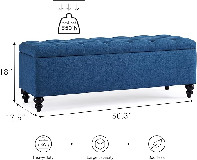 HUIMO Button-Tufted Ottoman with Storage in Upholstered Fabrics, Large Storage Bench for Bedroom, Living Room, Entryway, Bench with Safety Hinge Hold Up to 300lbs (Blue)