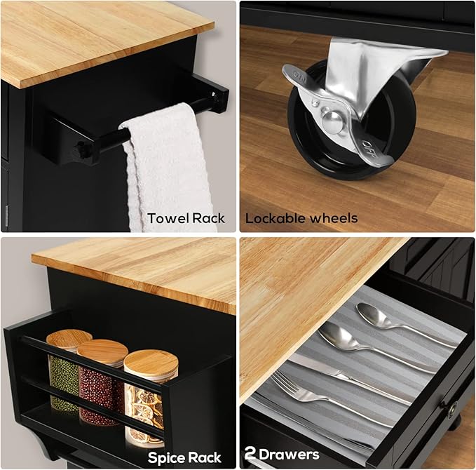 VOWNER Rolling Kitchen Island, Portable Kitchen Island with Storage, Floating Kitchen Cart with Spice Rack & Towel Rack, Drawer and Storage Cabinet, Isla para Cocina (Black)