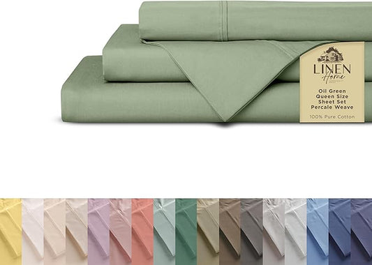 Linen Home 100% Cotton Percale Sheets Queen Size, Oil Green, Deep Pocket, 4 Pieces Set - 1 Flat, 1 Deep Pocket Fitted Sheet and 2 Pillowcases, Crisp Cool and Strong Bed Linen
