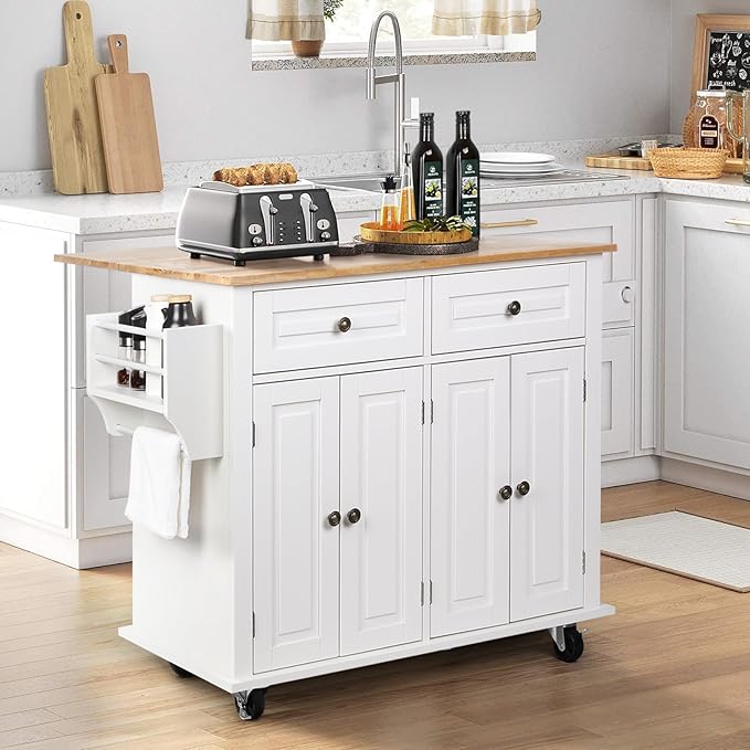 VOWNER 43" W Kitchen Island with Drop Leaf, Rolling Kitchen Island with Drawers, Floating Kitchen Cart with Spice Rack & Towel Rack, Portable Island Kitchen with Storage, Isla para Cocina (White)
