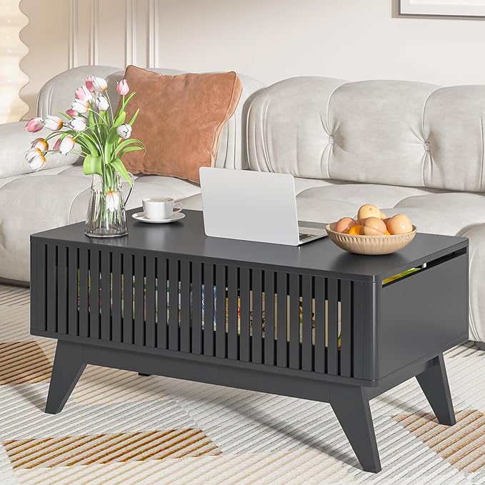 Lift Top Coffee Table with Hidden Compartment, Mid Century Modern Coffee Table for Living Room, Fluted Design Farmhouse Center Table with Storage (Black, 35.4''W)