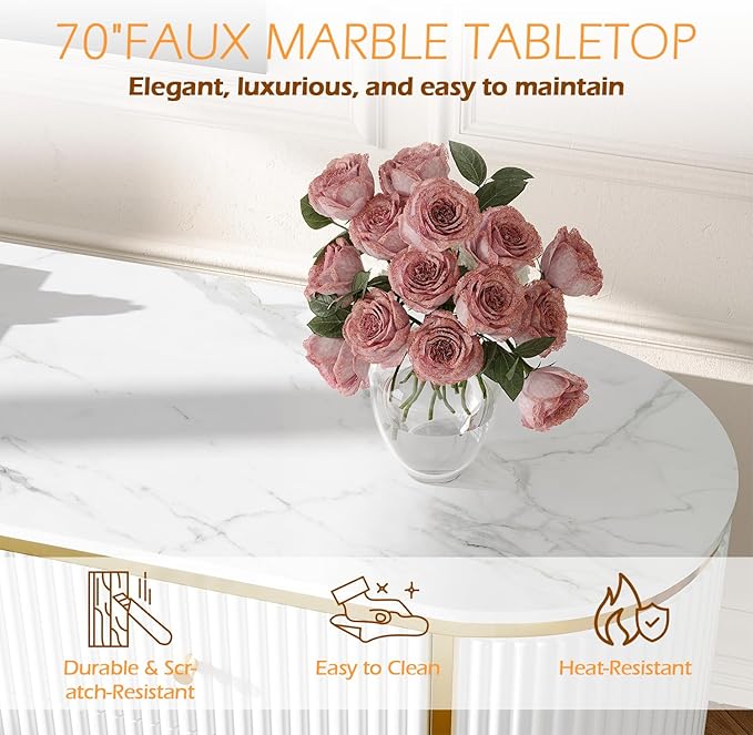 Luxury 70" Fluted TV Stand for TVs Up to 75", Modern Entertainment Center with Faux Marble Top, Media Console with Curved Profile Design, Television Stands for Living Room, White