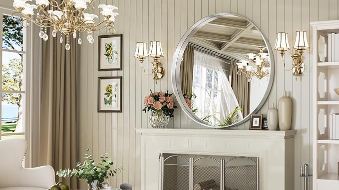 Suidia 30" x 30" Bathroom Mirror, Bathroom Vanity Mirror Metal Framed, Wall-Mounted Mirrors for Bedroom, Living Room, Entryway, Hallway, Silver, Round Style