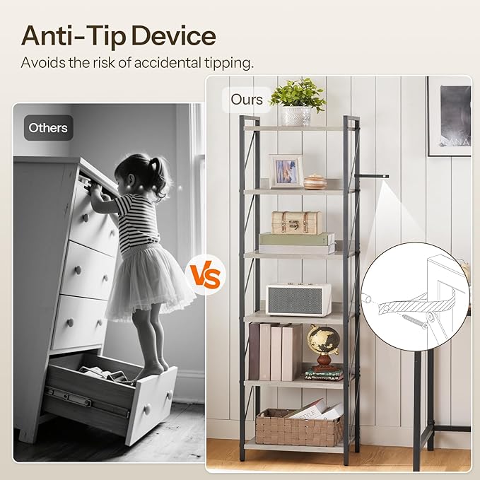 HOOBRO Bookshelf, 6-Tier Industrial Bookcase, Book Shelf Storage Organizer, Tall Bookshelf with Metal Frame for Living Room, Bedroom, Home Office, Kitchen, Greige and Black BG72SJ01