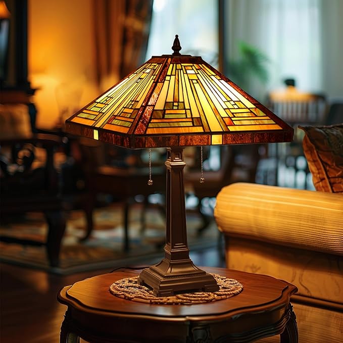 Capulina Tiffany Lamp Stained Glass Table Lamp 16X16X24 Inches Amber Brown Mission Tiffany Style Desk Lamp Decor for Bedrooms Living Room Study Home Office