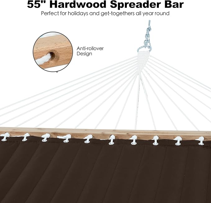 2 Person 12FT Hammocks for Outside, Double Quilted Fabric Outdoor Hammock with Spreader Bar, Large Removable Pillow, Storage Pockets, Carabiners, Max 475 lbs Capacity (Coffee)