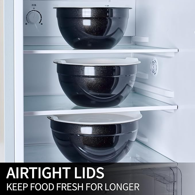 Black Mixing Bowls with Lids Set of 7, Stainless Steel Nesting Bowl with Khaki Lid for Non-slip Mixing Prepping Storing Serving, 7 Sizes-7/3.6/2.7/2.1/1.5/1/0.8 QT