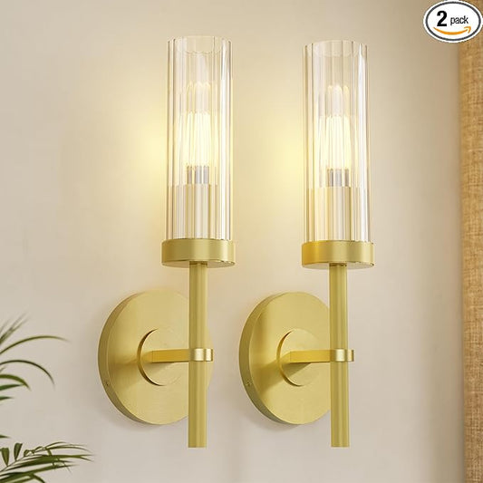 Wall Sconces Set of 2 (with 2 Bulbs), Modern Bathroom Wall Sconces Lighting with Thickened Glass, Hardwired Wall Mount Light Fixtures for Bathroom, Bedroom, Hallway, Living Room(Gold)
