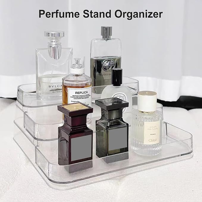 Perfume Stand Display Shelf for Women, 3 Tiered Perfume Tray Storage, Cologne Organizer for Men, Acrylic Makeup Organizer for Bathroom Kitchen Countertop