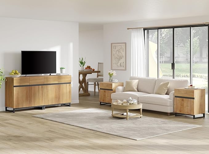 WAMPAT Modern TV Stand for TVs up to 70 inch, 2 in 1 Entertainment Center TV Console with Adjustable Shelves and Metal Base for Living Room,Bedroom,Oak