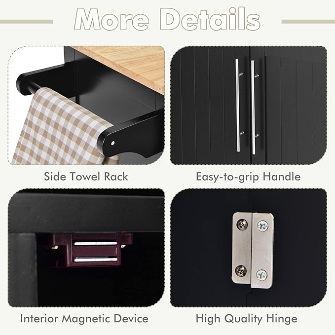 COSTWAY Kitchen Island Cart on Wheels, with Side Towel Bar, 2 Drawers, 2 Door Cabinet, Rolling Storage Trolley Cart with Rubber Wood Top & Lockable Casters (Black)