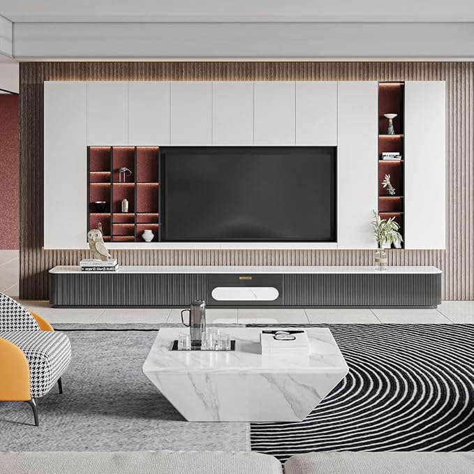 POVISON Fully-Assembled Modern TV Stand for Projector, Sintered Stone Entertainment Center with Storage for Living Room, TV Cabinet with Drawers for 120+ inch TV, Media Console for Living Room