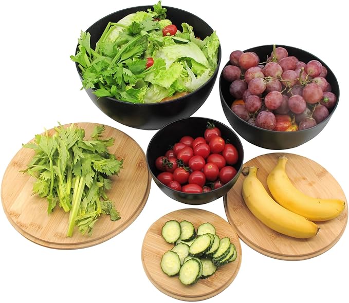 Salad Bowl Set of 3 with Bamboo Wooden Lids, Mixing Bowls Set, Nesting Bowls for Space Saving Storage, Made with Durable Eco-Friendly Bamboo Fiber, Great for Prepping and Serving Food, Black
