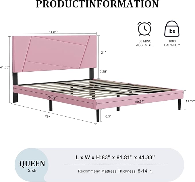 Queen Size Bed Frame, Queen Platform Bed Frame with Velvet Upholstered Headboard, Geometric Pattern, Sturdy Frame and Slats, Noiseless, No Springs Required, Easy to Assemble，Pink