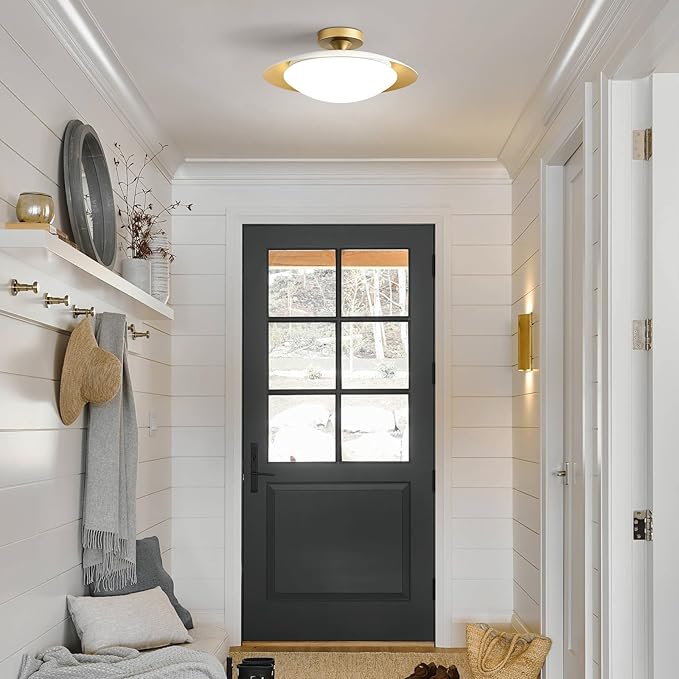 Dimmable Mid Century Modern Semi Flush Mount Ceiling Light with Acrylic Shade,White Gold LED Ceiling Light,5CCT 2700K-6000K Light Fxiture for Hallway Bedroom Kitchen Laundry Room Living Room 15.7 in