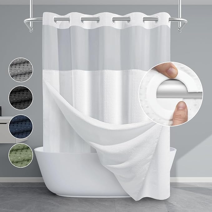 White No Hook Shower Curtain with Snap in Liner,230GSM Waffle Weave Shower Curtains for Bathroom,71W x 74H