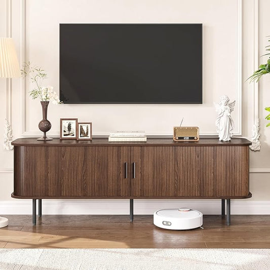 63" Mid Century Modern Fluted TV Stand for TVs up to 75 Inch, Gaming Entertainment Center with Tambour Slatted Sliding Doors, Media TV Consoles Table for Living Room, Walnut