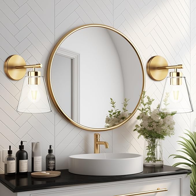 Hamilyeah Gold Wall Sconces Set of 2, Bathroom Sconce Lighting Fixtures, Modern Industrial Sconces Wall Lighting Indoor, Brass Wall Lamps for Bedroom Living Room Kitchen Over Sink Hallway