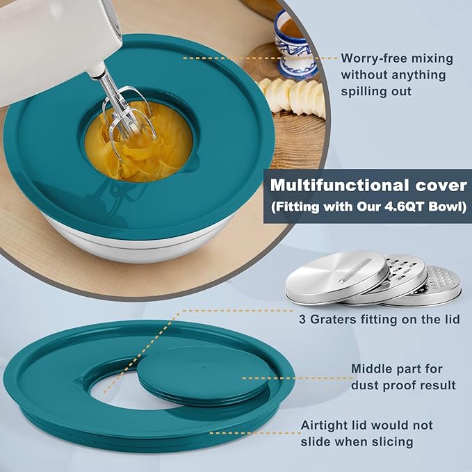 P&P CHEF Mixing Bowls with Lids Set of 6, Stainless Steel Nesting Salad Bowl & 3 Grater Attachments for Prepping Storing, 4.6/2.6/2/1.5/1/0.7 QT, Blue