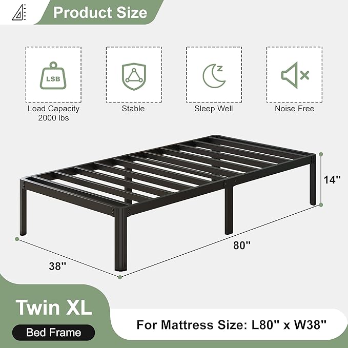 14 Inch Twin XL Bed Frames with Rounded Corner Legs, 1000 LBS Heavy Duty Metal XL Twin Platform No Box Spring Needed, Noise Free, Easy Assembly, Black