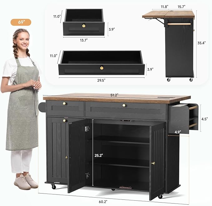 60" Kitchen Island with Power Outlet & Drop Leaf, Kitchen Rolling Island with Spice Rack & Towel Rack, Knife Holder, Kitchen Island Cart with Trash Storage Cabinet, Mobile Island Table for Kitchen