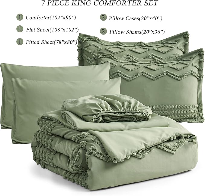 Sage Green Tufted Comforter Set King Size 7 Piece Bed in a Bag, Shabby Chic Boho Comforter and Sheet Set, Pom Pom Textured Bed Set, All Season Soft Microfiber Complete Bedding Set(Green,King)