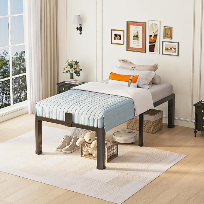 18 inch Twin Bed Frame with Rounded Corner Legs and Headboard Hole Mattress Slide Stopper 3500 LBS Heavy Duty Support Metal Platform,No Box Spring Needed, Noise Free, Easy Assembly