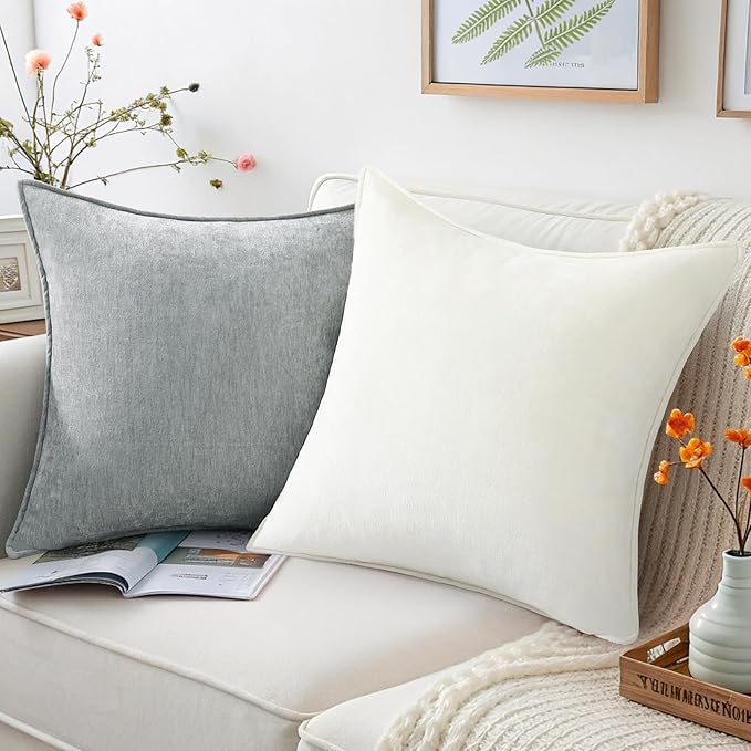decorUhome Couch Throw Pillow Covers 22x22 Set of 2, Decorative Soft Euro Neutral Chenille Pillow Covers with Elegant Design for Sofa Bed Living Room Home Decor, Ultimate Gray
