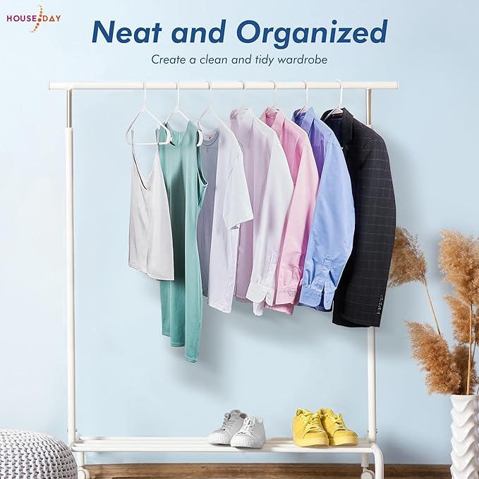 HOUSE DAY White Plastic Hangers 100 Pack, Plastic Clothes Hangers with Built-in Hooks, Durable and Strong Coat Hangers for Closet, Space Saving Clothing Hanger for Shirts, Coats, Skirt, Dress