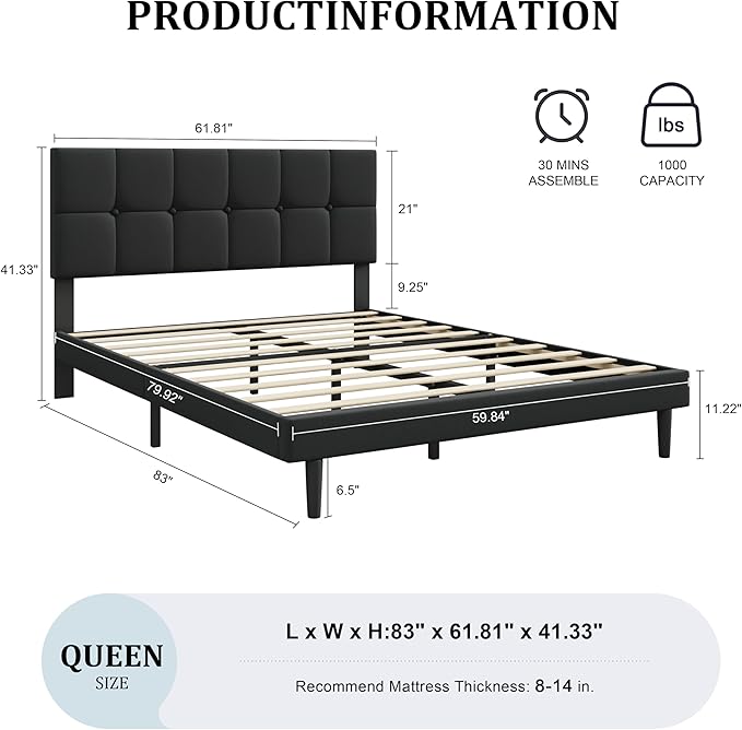 Queen Size Bed Frame, Queen Size Platform Bed Frame with Headboard, Upholstered Headboard, Sturdy Wooden Slats, Noiseless No Box Spring Required, Easy to Assemble, Black