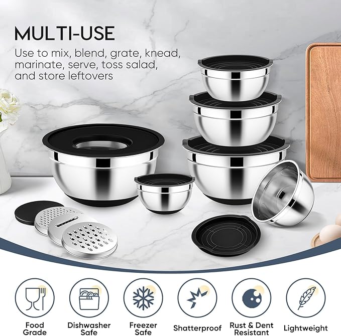 E-far Mixing Bowls with Airtight Lid Set, 25PCS Stainless Steel Nesting Prep Bowls with Grater Attachments Non-Slip Bottoms for Cooking, Baking, Serving, Food Storage, 4.6/2.6/2/1.5/1/0.7QT - Black